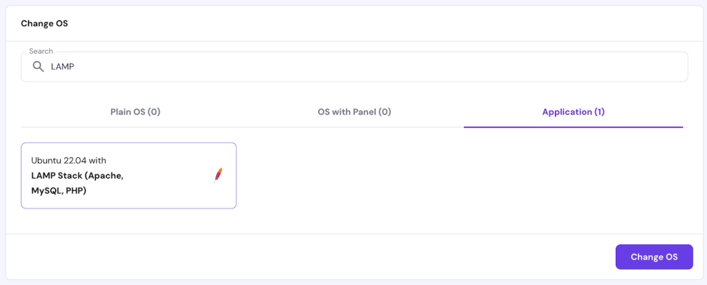 VPS template installation menu in hPanel