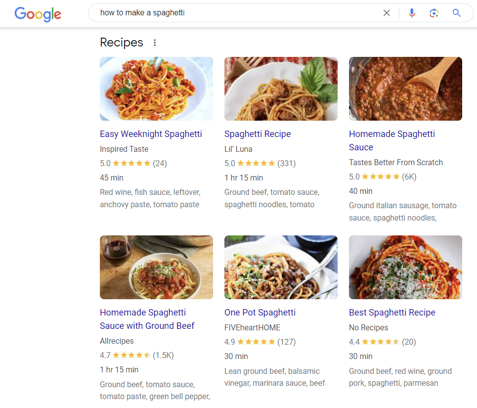 A rich results example on Google search results pages