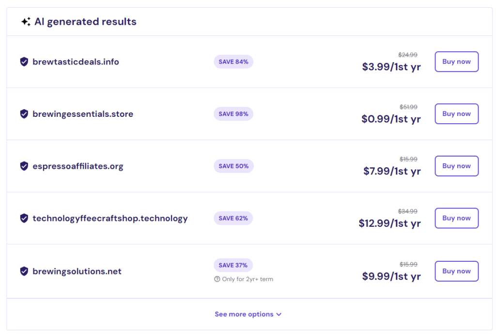 AI-generated domain names in Hostinger's domain search tool