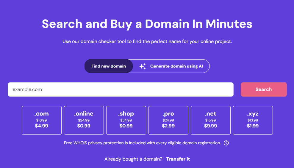 Hostinger's domain name checker tool