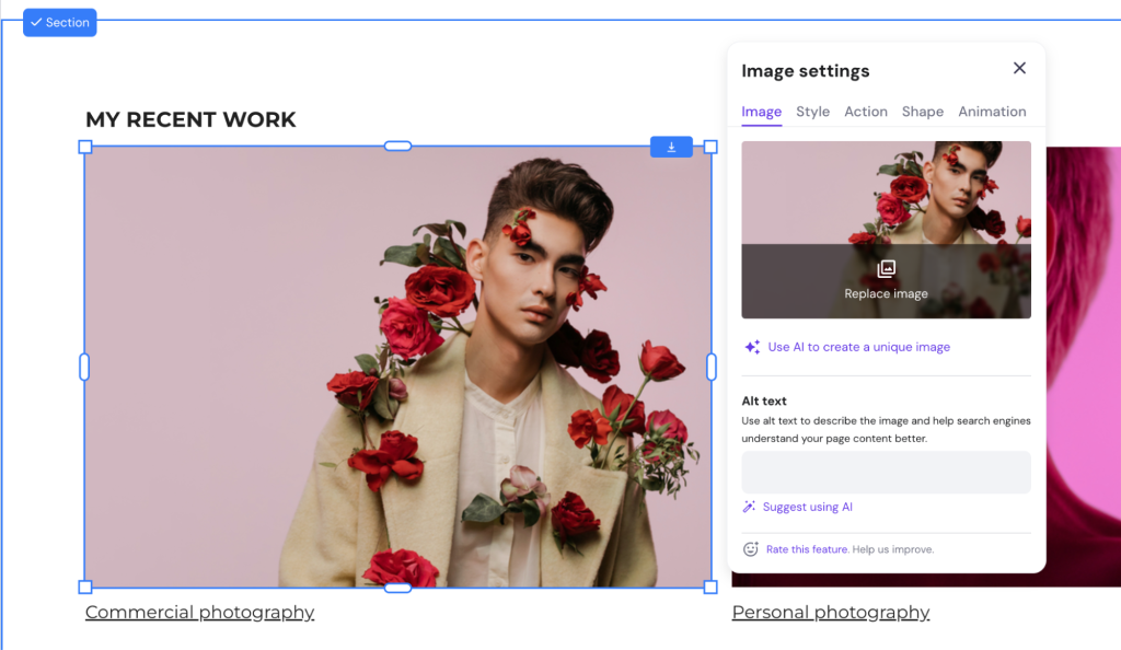 Image settings open in Hostinger Website Builder editor