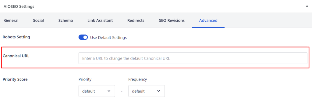 The Canonical URL field in the Advanced AIOSEO settings tab