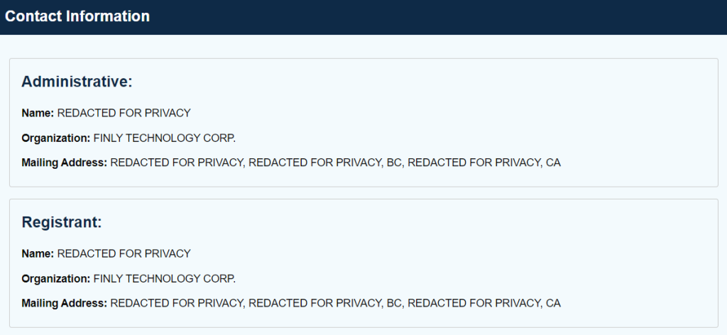 The Contact Information section in ICANN Lookup