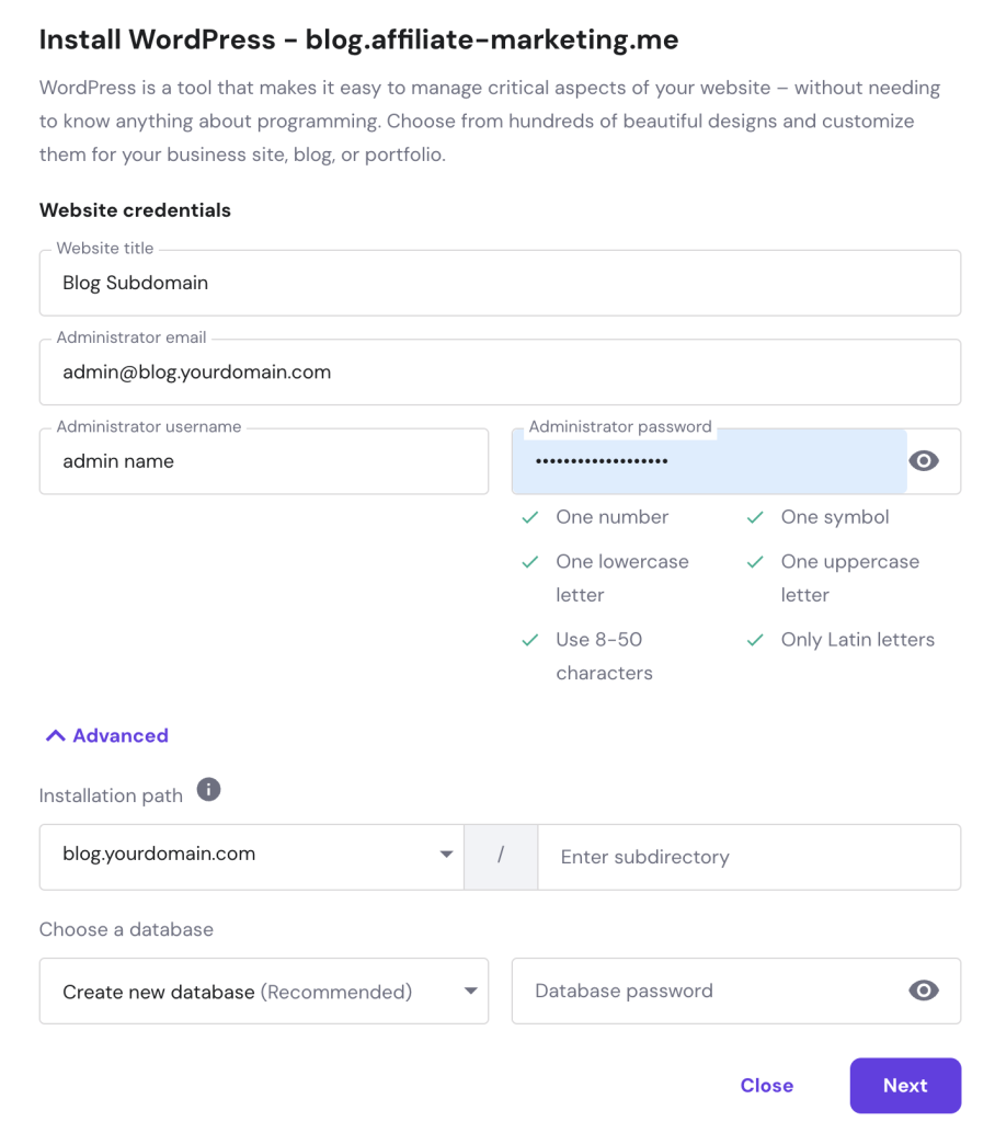 The WordPress installation settings in hPanel