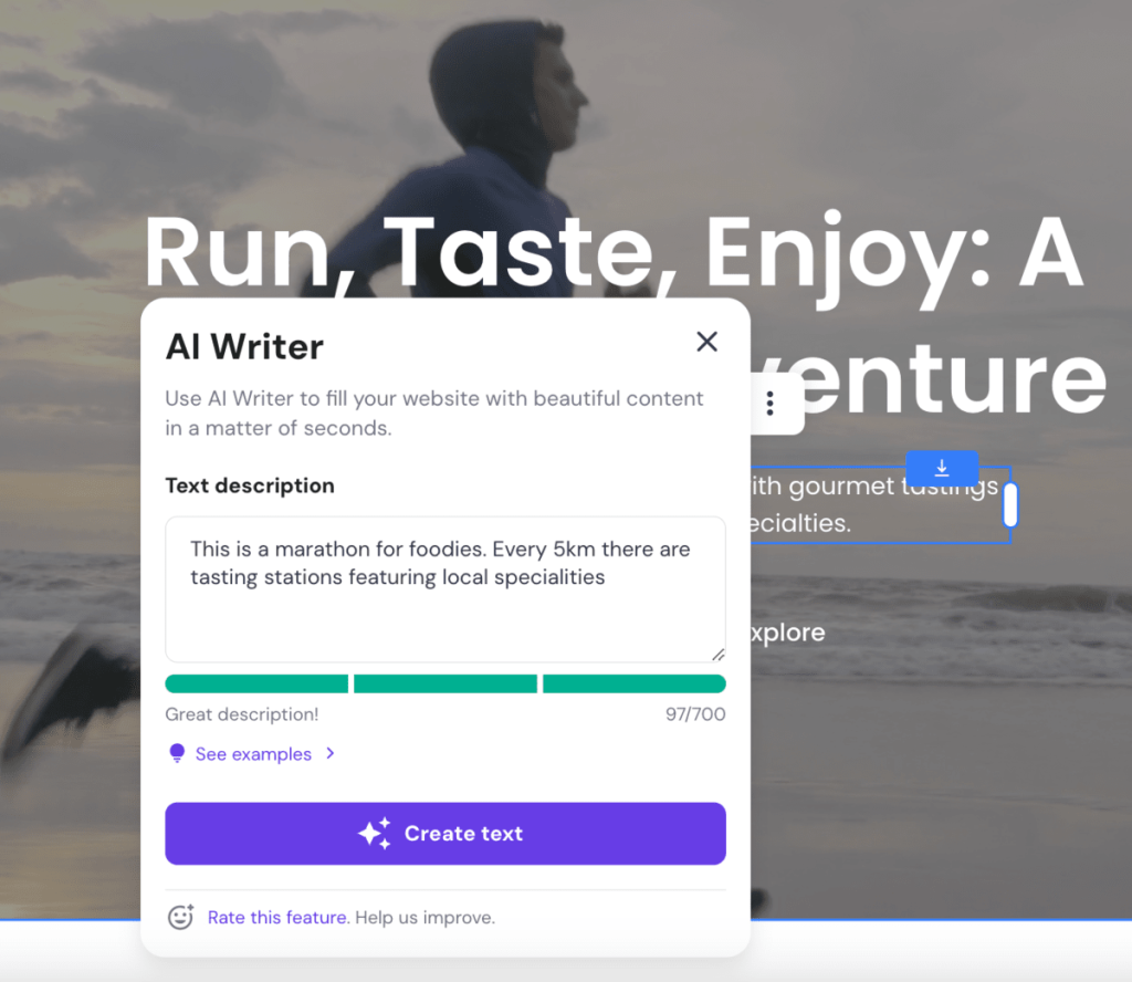 AI Writer panel within Hostinger Website Builder