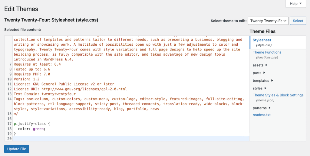 Custom CSS in the WordPress theme file editor