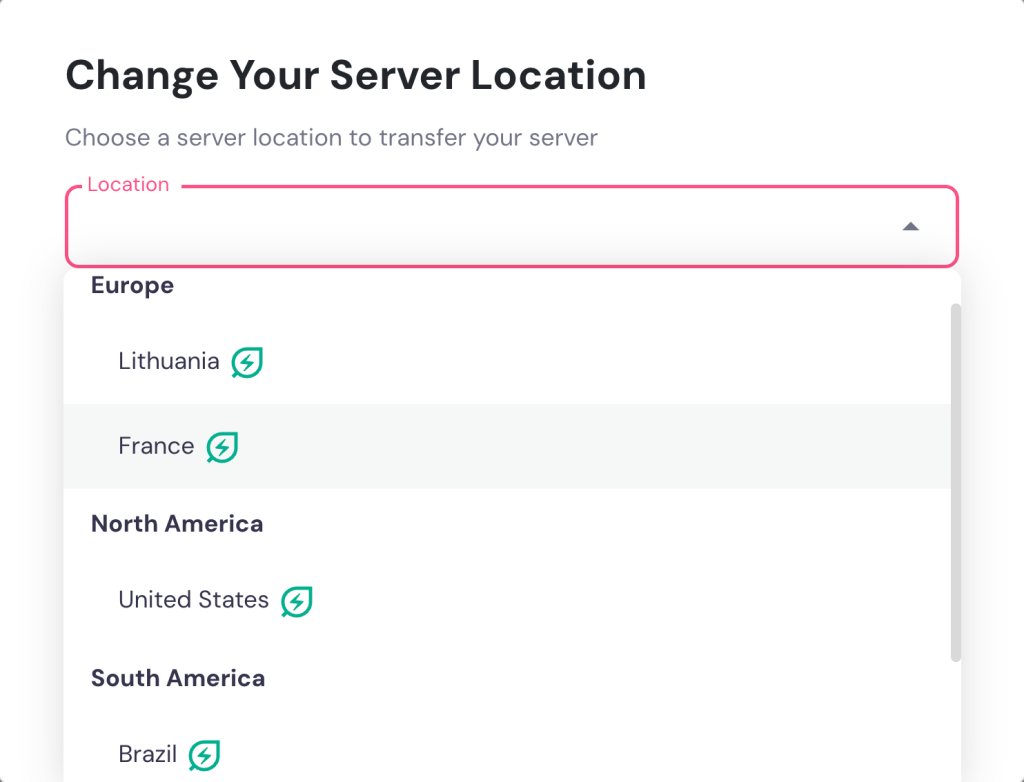 Data center selection screen of Hostinger game panel hosting plan