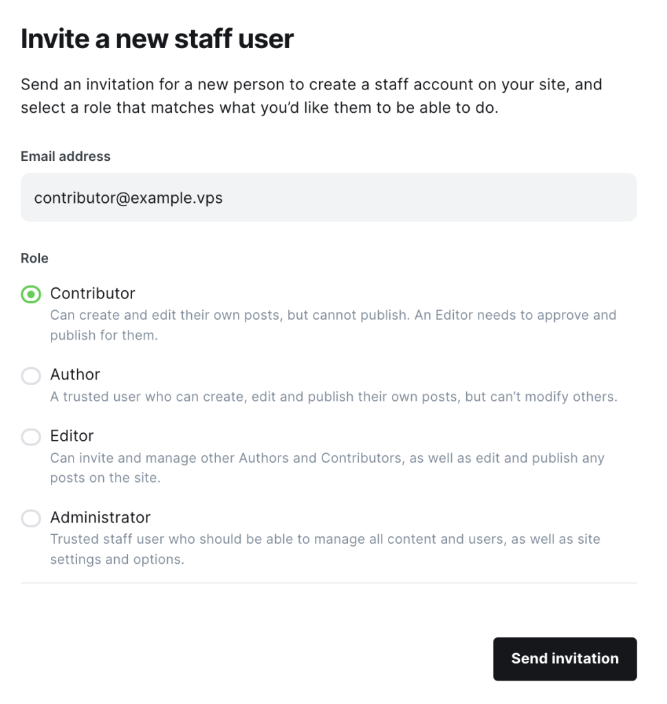 Ghost invite a new staff user contributor selected