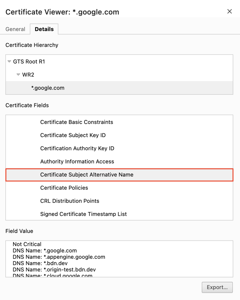 The Certificate Subject Alternative Name field in the Certificate Viewer window of Google Chrome