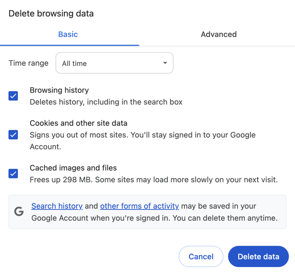 The Delete browsing data menu in Google Chrome