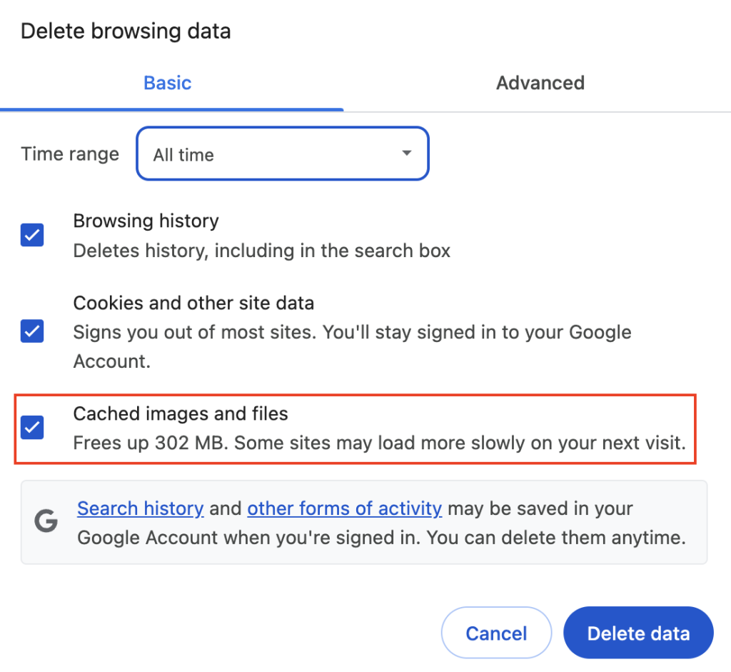 The Cached images and files checkbox under the Delete browsing data window of Google Chrome