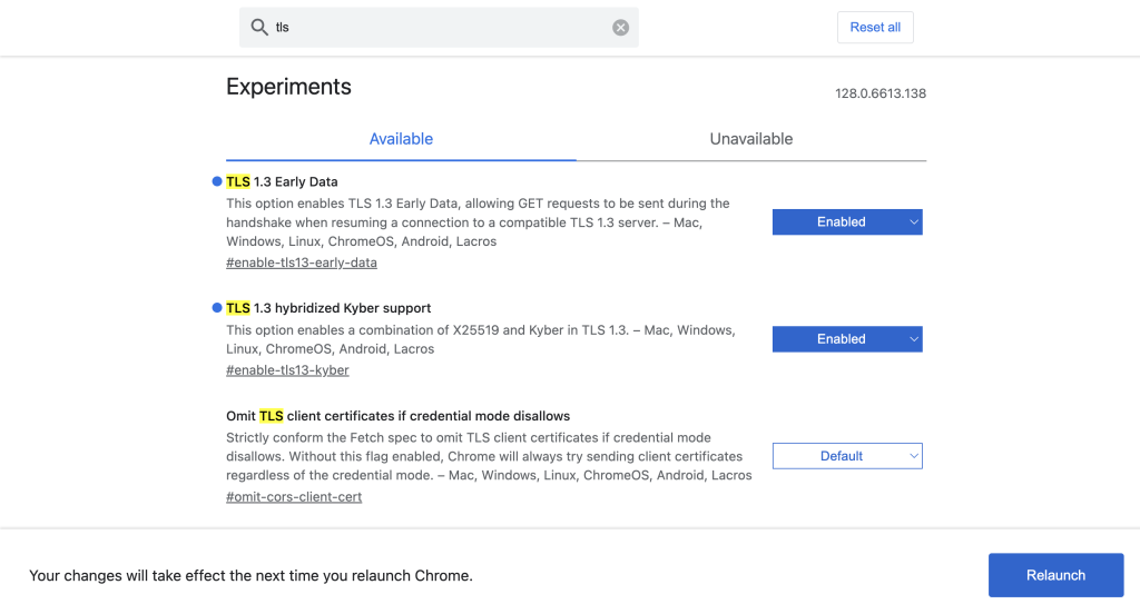 The TLS 1.3 options in the Experiments page of Google Chrome