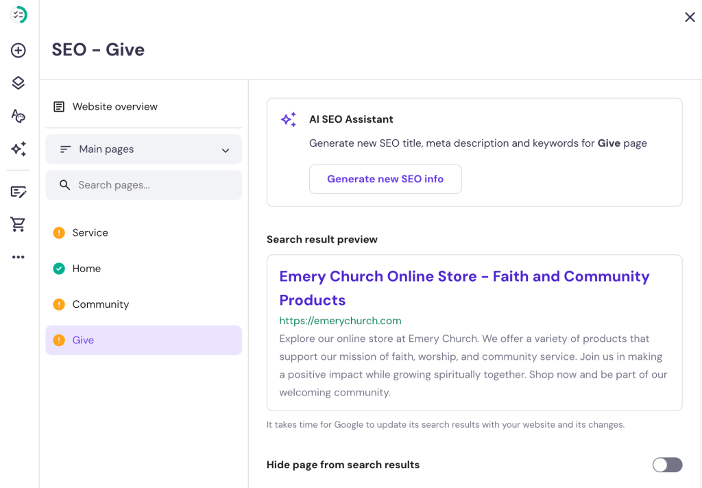Hostinger Website Builder SEO settings page for church website