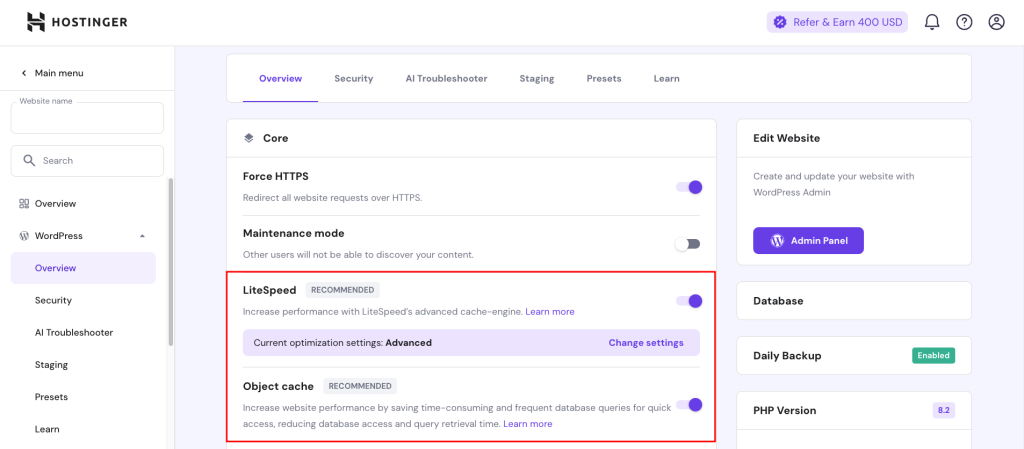 hPanel WordPress dashboard, highlighting LiteSpeed and object cache toggles