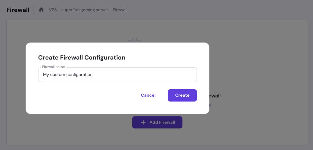 Creating a new firewall configuration in hPanel's VPS