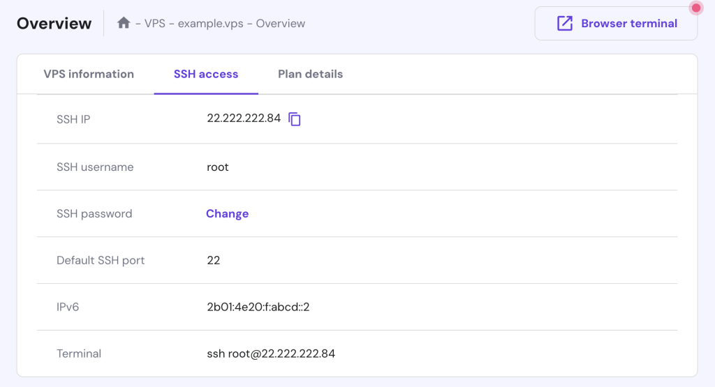 Accessing the SSH access tab in hPanel's VPS