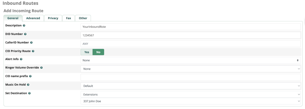 Inbound route configuration page on FreePBX dashboard