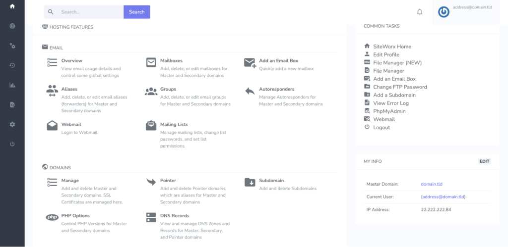 The InterWorx dashboard