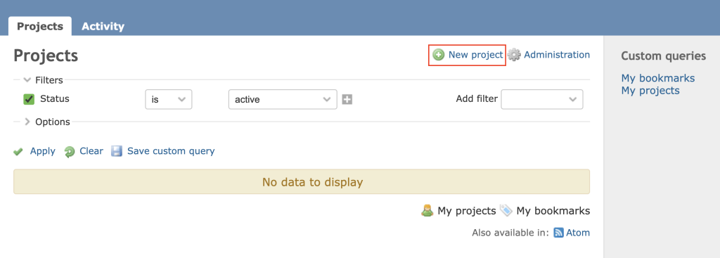 The New project button in Redmine