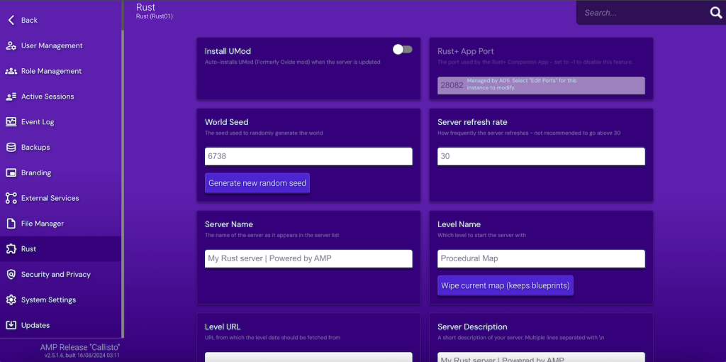 Rust server configuration screen in Hostinger Game Panel