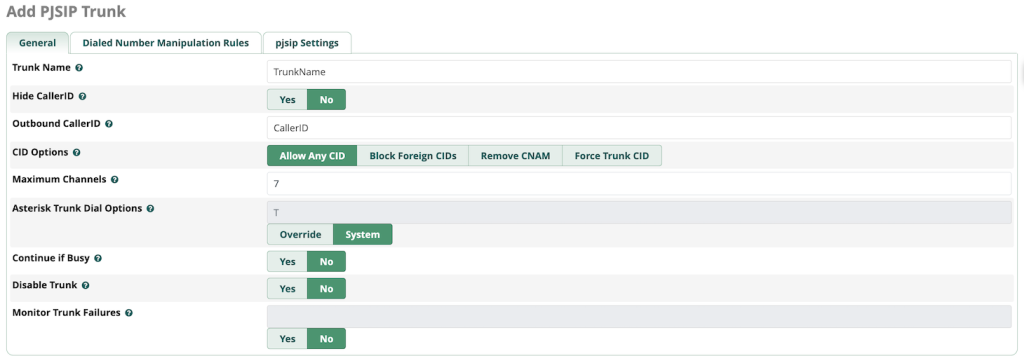 SIP trunk creation menu on FreePBX dashboard