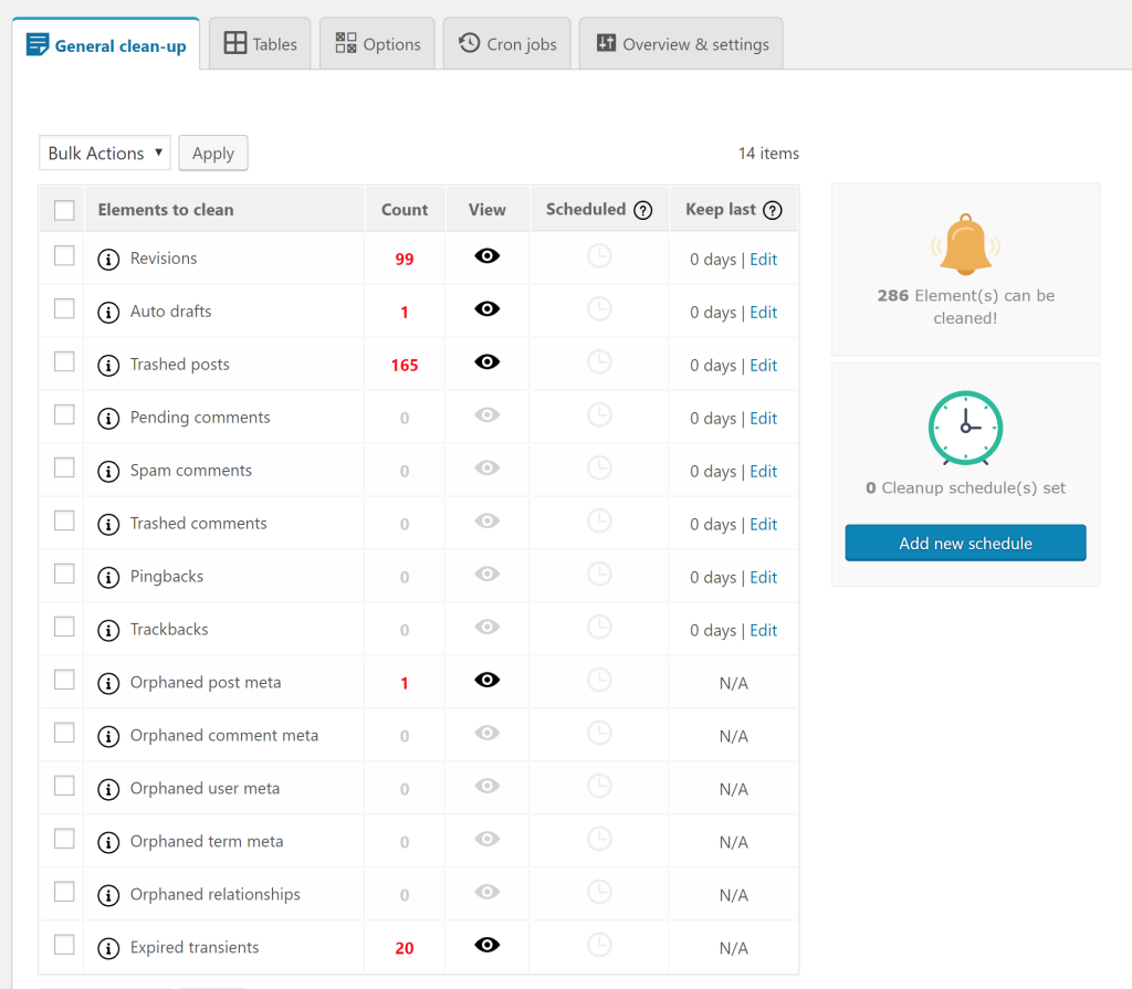 The Advanced Database Cleaner plugin dashboard showing the General clean-up tab.