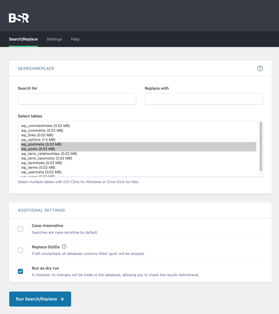 The Better Search Replace plugin dashboard interface