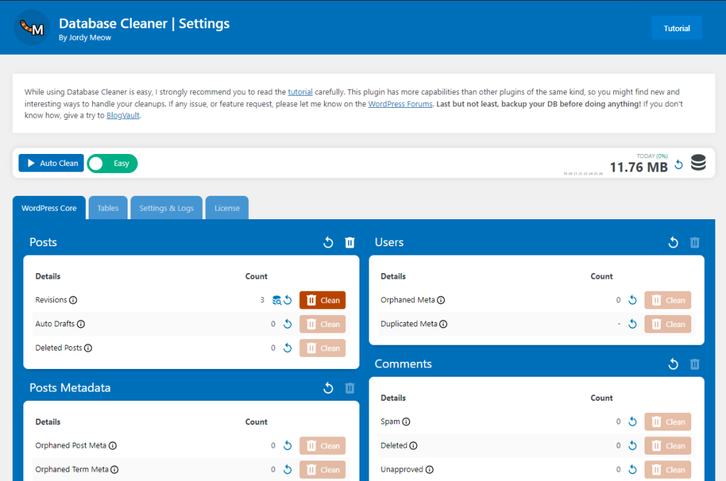 The Database Cleaner plugin dashboard interface