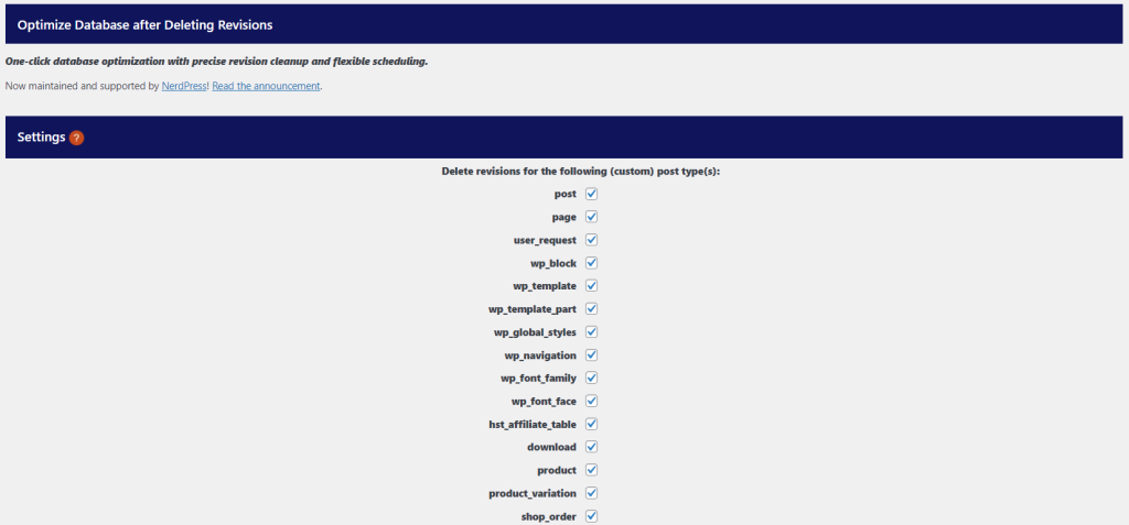 The Optimize Database After Deleting Revisions plugin dashboard interface