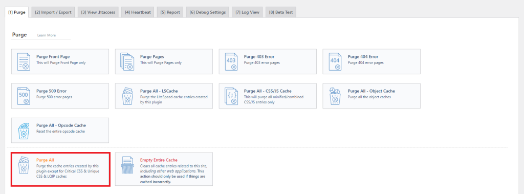 The Purge All menu is highlighted on the LiteSpeed Cache plugin dashboard