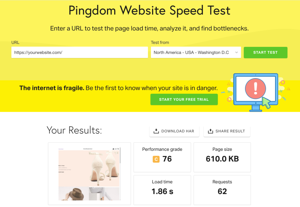 Website speed test results using Pingdom