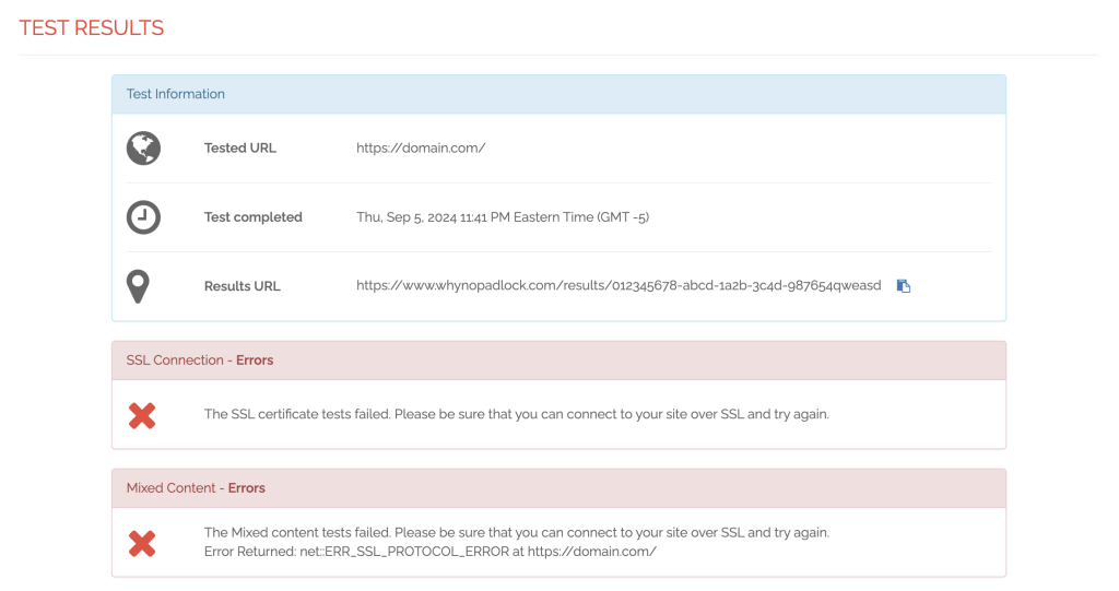 An SSL test result in the Why No Paddock? website