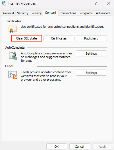 The Clear SSL state option in Windows