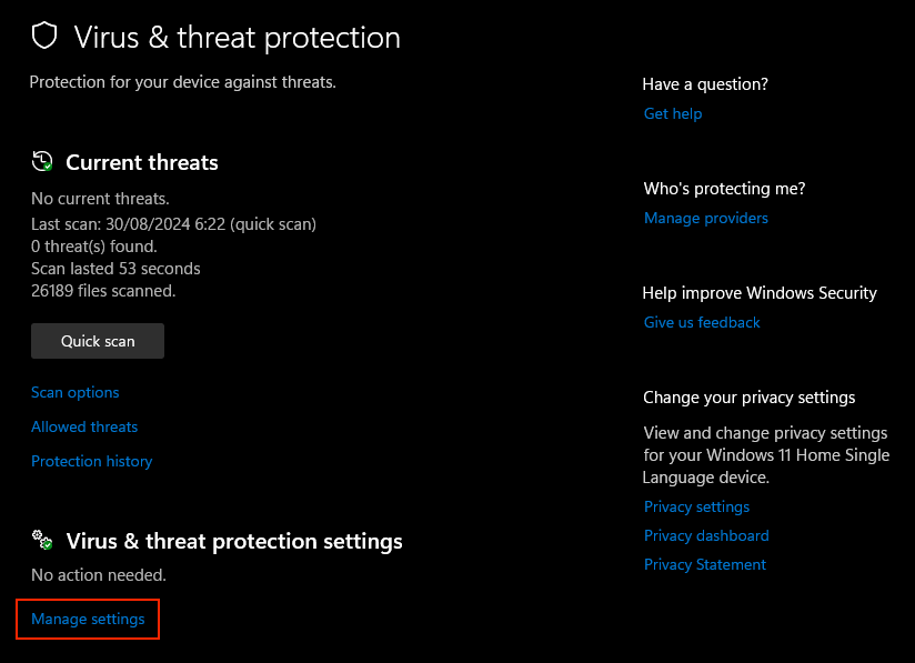 The Manage settings option under the Virus & threat protection menu in Windows