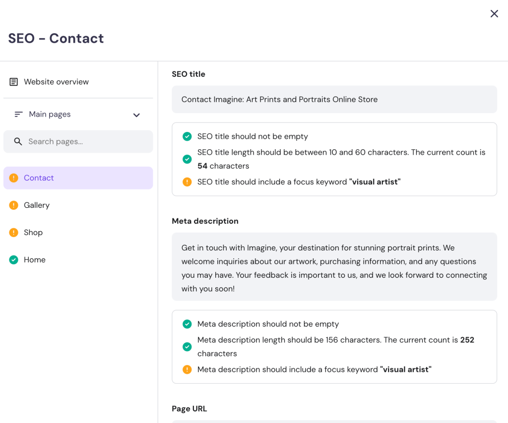 Closeup of the SEO settings in Hostinger Website Builder