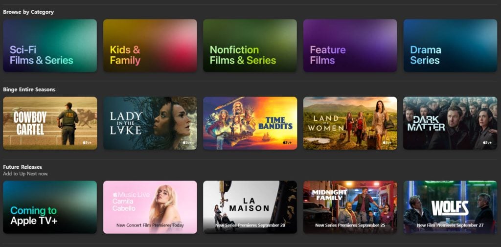 Screenshot of Apple's VOD catalogue, grouped into categories and genres, demonstrating the familiar design most streaming services opt for.