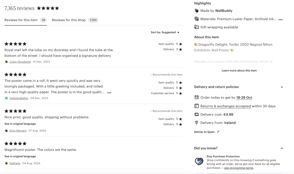 Customer reviews, example from Etsy