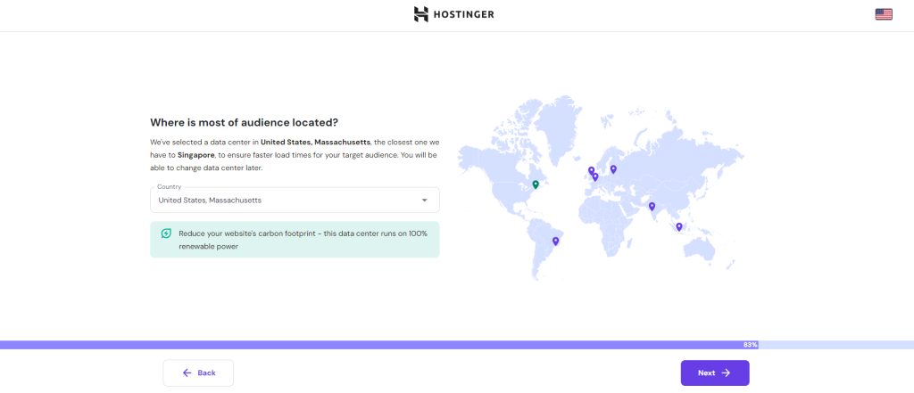 Hostinger's data center selection page