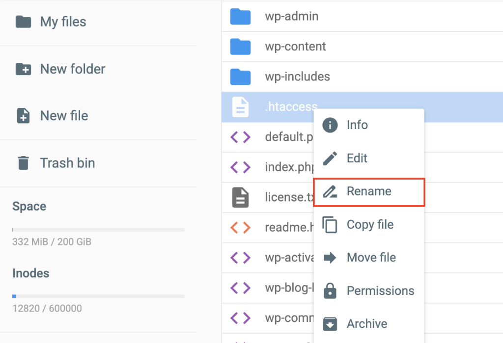 The Rename option in a file manager