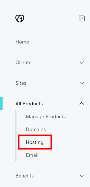 GoDaddy sidebar, highlighting the Hosting submenu