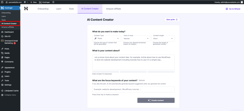 Hostinger AI Content Creator in the WordPress dashboard