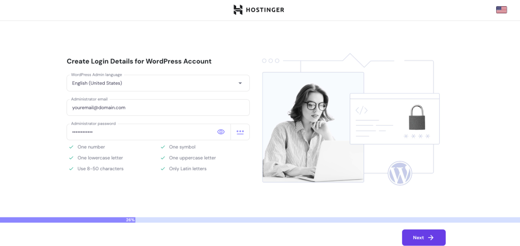 WordPress setup process in Hostinger