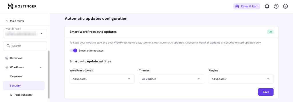 WordPress auto-update feature in Hostinger's hPanel dashboard