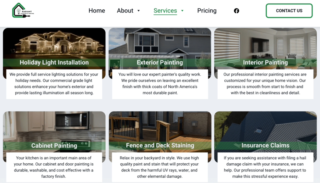 Services page of Radiant Painting & Lighting