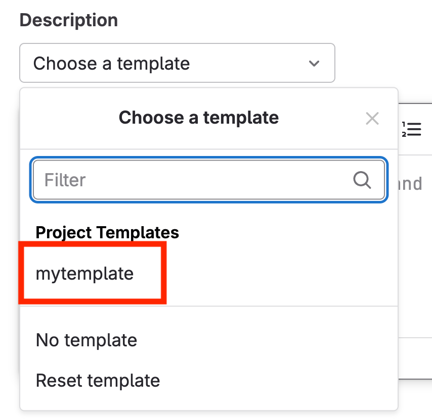 The template selection menu in GitLab merge request creation page