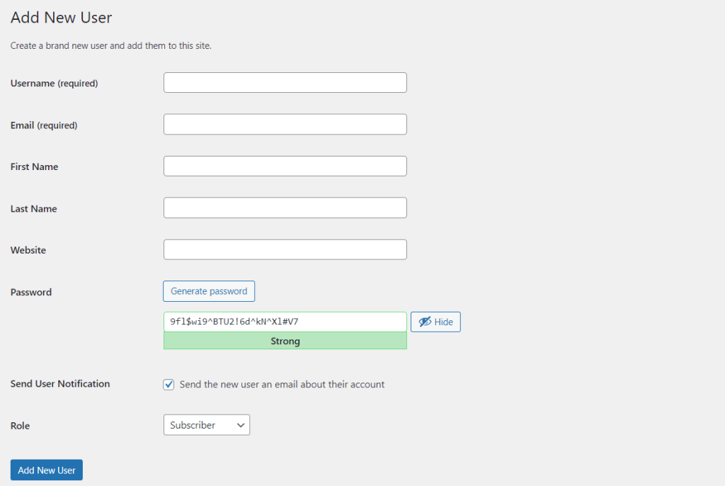 The WordPress' Add New User setting page interface