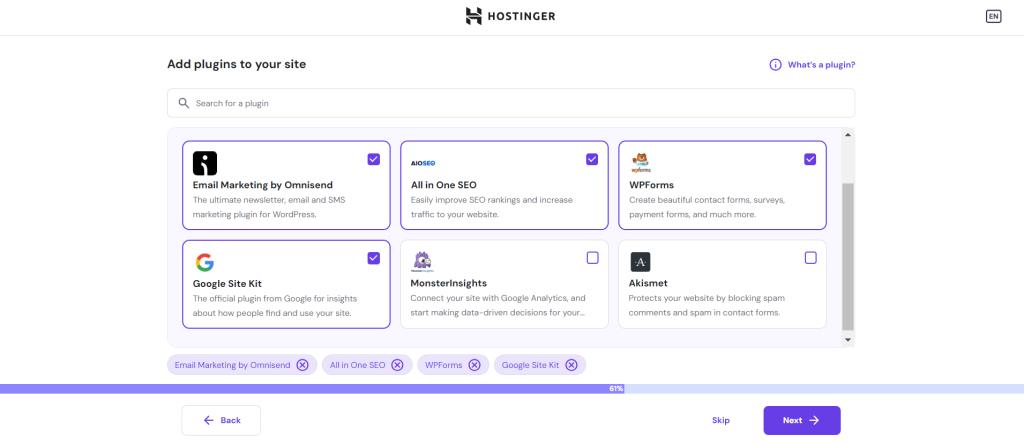 The plugin selection page on Hostinger Managed WordPress hosting onboarding process