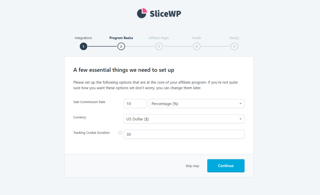 The commission setup page on SliceWP's initial setup wizard