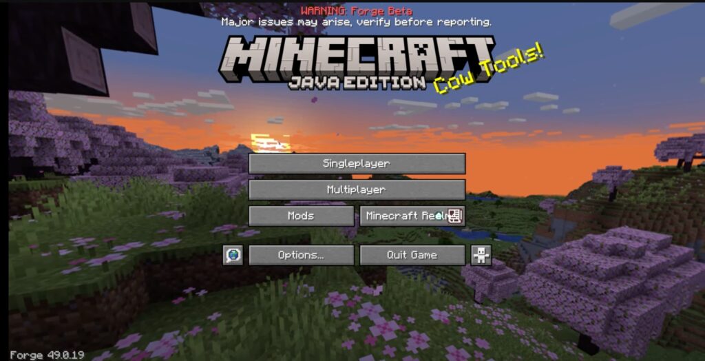 The Minecraft Java Edition login screen showing that Forge beta is loaded