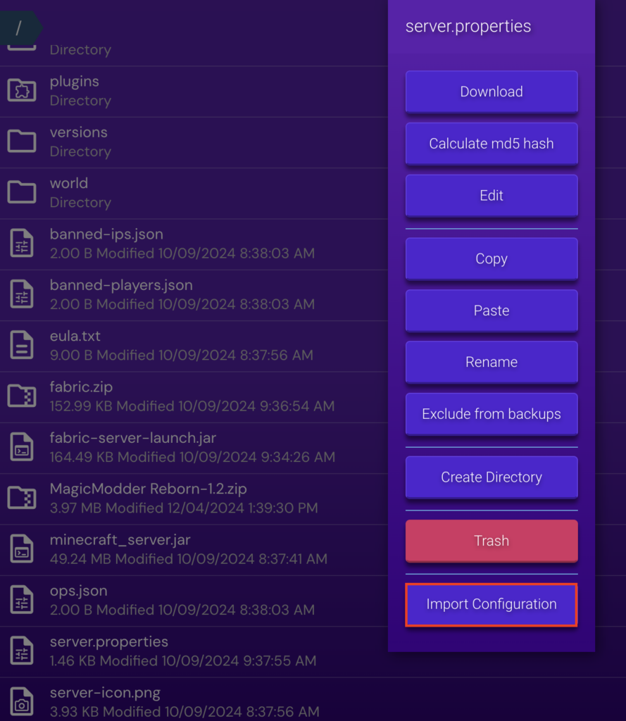 The Import Configuration button in Game Panel's File Manager